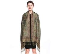 EASE LEAP Écharpe Pashmina pour Femme Châle Paisley Hijab de couleur chaude avec empiècements soyeux et sensation de luxe dans les couleurs vives avec des franges/(11-Vert armée)