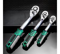 EaseSunny Lot de 3 clés à cliquet 1/4", 3/8", 1/2", 72 dents, à libération rapide, réversible, pour réparation de voiture, garage, outils ménagers, bricolage, finition métal vert