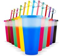 EASEVE Lot de 12 gobelets de 710 ml à changement de couleur avec couvercles et pailles - Gobelets réutilisables en plastique pour café glacé pour enfants, adultes (avec couvercle à paille)