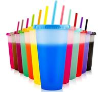 EASEVE Lot de 12 gobelets en plastique réutilisables de 710 ml à changement de couleur avec couvercles et pailles - Gobelets réutilisables pour café glacé, eau froide, fête pour enfants, adultes