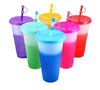 EASEVE Lot de 6 gobelets réutilisables en plastique à changement de couleur avec couvercles et pailles pour café glacé de 700 ml pour enfants, adultes (avec couvercle à paille)