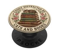 Easily Distracted by Cats and Books Lover Librarian Bookish PopSockets PopGrip Adhésif