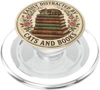 Easily Distracted by Cats and Books Lover Librarian Bookish PopSockets PopGrip pour MagSafe