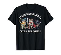 Easily Distracted by Cats & Side Quests Role-Playing Fantasy T-Shirt