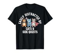 Easily Distracted by Cats & Side Quests Role-Playing Fantasy T-Shirt