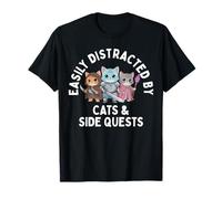 Easily Distracted by Cats & Side Quests Role-Playing Fantasy T-Shirt