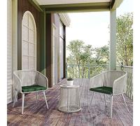 EAST OAK Ensemble de bistrot 3 pièces avec 2 Grandes chaises ergonomiques, Coussins et Table d'appoint en Verre, Meubles d'extérieur en Osier pour Porche, Ivoire et Vert Jungle