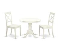 East West Furniture ANBO3-LWH-W Ensemble table et chaises de cuisine 3 pièces comprenant une table ronde de salle à manger avec piédestal et 2 chaises en bois massif, 91,4 x 91,4 cm, lin blanc