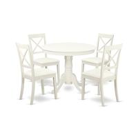 East West Furniture ANBO5-LWH-LC Lot de 5 tables de cuisine pour 4 personnes comprenant une table à manger ronde avec piédestal et 4 chaises de salle à manger en cuir synthétique, 91,4 x 91,4 cm, lin