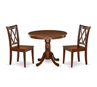 East West Furniture ANCL3-MAH-W Service de table 3 pièces pour petits espaces comprenant une table ronde de salle à manger avec piédestal et 2 chaises de cuisine et de salle à manger, 91,4 x 91,4 cm