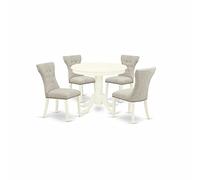 East West Furniture ANGA5-LWH-35 Ensemble de salle à manger 5 pièces pour 4 personnes comprenant une table de cuisine ronde avec piédestal et 4 chaises Parson rembourrées en lin