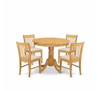 East West Furniture ANNO5-OAK-C Ensemble de 5 pièces pour 4 Personnes Comprenant Une Table de Cuisine Ronde avec piédestal et 4 chaises de Salle à Manger en Tissu de Lin, 91,4 x 91,4 cm