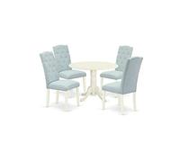 East West Furniture DLCE5-WHI-15 Service de table rond 5 pièces - Chaises Parson rembourrées en tissu de lin capitonné avec boutons - Finition blanche - Table à manger et structure en bois dur