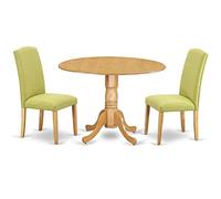 East West Furniture DLEN3-OAK-07 Ensemble de table de cuisine 3 pièces comprenant une table ronde de salle à manger avec goutteaf et 2 chaises Parson en tissu de lin Limelight, 106,7 x 106,7 cm, chêne