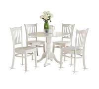 East West Furniture DLGR5-WHI-W Ensemble table et chaises de cuisine 5 pièces comprenant une table ronde de salle à manger avec chute et 4 chaises de salle à manger, 106,7 x 106,7 cm, lin blanc