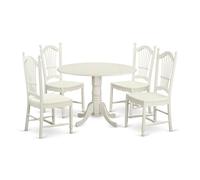 East West Furniture Dublin Ensemble de chambre 5 pièces comprenant une table de cuisine ronde avec chute et 4 chaises de salle à manger, 106,7 x 106,7 cm, lin blanc