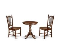 East West Furniture ESDO3-MAH-W Ensemble de table de salle à manger 3 pièces pour petits espaces comprenant une table ronde de salle à manger avec piédestal et 2 chaises en bois, 76,2 x 76,2 cm