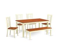 East West Furniture NICO6-WHI-W Ensemble de 6 tables de salle à manger rectangulaires avec feuille de papillon et 4 chaises en bois avec banc, 91,4 x 167,6 cm, babeurre et cerise