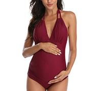 EastElegant Maillots de Bain de Maternité Une Pièce Col en V de Grossesse Maillots de Bain Halter de Maternité Bikini(Wine Rouge,X-Large)