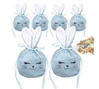 Easter Treat Bags, 6 Pieces 4.7x3.9 Inch Drawstring Gift Pouches, Cute Bunny Party Favor Bags for Candy Snacks, Lightweight Material Holiday Easter Decor Family Kids Girls Boys Spring Birthday