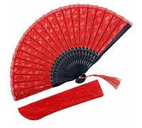 Eastern Wind evantail pliant à la main en bambou en dentelle rouge，inclure une pochette en dentelle， éventail japonais chinois eventail mariage 22X44cm