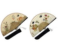 Eastern Wind lot de 2 pièces evantail pliant en coton bambou imprimé de chats et de papillons, inclure 2 pochettes en soie， éventail japonais chinois 22 cm