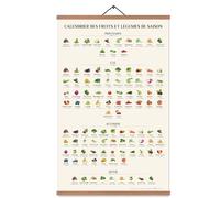 EASTJOY Affiche Saisonnière Fruits et Légumes - Poster Quatre Saisons (Végétarien) - Calendrier des fruits et légumes de saison - Cadre en Bois de Tek (65x40cm - Format A2)