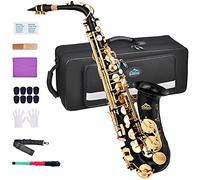 Eastrock Saxophone Alto noir et doré Saxophone Mi Bémol Kit complet pour étudiants débutants avec étui de transport bec coussinets de bec chiffon et tige de nettoyage gants blancs et sangle de cou