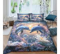 Easy Care 3D Microfiber Dolphin Love Comforter Cover All Season Bedding Set w/ Pillowcase Magical Underwater Duvet Cover All Season Soft Machine Washable for Kids Teens Adults Single（140x200cm）
