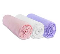 Generique Lot de 3 draps housse 70x160 cm 100% coton jersey extensible Oeko‑Tex – Rose/Blanc/Parme