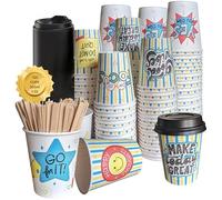 Easy Drinkz Tasse à café à emporter avec couvercle et bâtonnets agitateurs en bois, 150 ml/200 ml, gobelets en papier, gobelets à café jetables