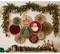 EASY JOY Lot de 10 éventails en papier de Noël rétro - Étoiles de Noël - Éventails pliables - Décoration vintage - Éventail en papier - Rouge/vert/doré -