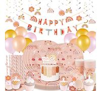 EASY JOY Lot de 115 décorations d'anniversaire arc-en-ciel bohème, avec ballons, 32 assiettes en carton, 16 gobelets en carton, pailles, bannières, décoration de table pour anniversaire, fille,