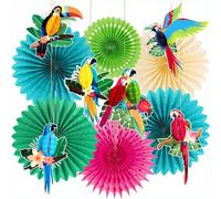 EASY JOY Lot de 12 éventails en papier pour décoration de fête hawaïenne tropicale - Motif perroquet - Décoration d'été - Pour barbecue, plage, jardin