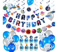 EASY JOY Lot de 74 décorations d'anniversaire spatiale planète, serpentins, bannière Happy Birthday, guirlande de gâteau, système solaire, astronautes spatiaux, pour garçons, anniversaire d'enfant