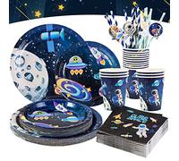 EASY JOY Lot de 96 assiettes en carton avec pailles en tissu - Décoration d'anniversaire - Système solaire - Astronautes - Planète - Pour garçons et enfants