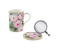 Easylife - Coffret TISANIERE en Porcelaine Filtre INOX Roses in Bloom