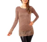 Easy Young Fashion T-shirt à manches longues pour femme avec dentelle Skinny, marron clair, S - M