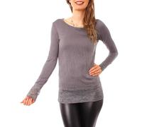 Easy Young Fashion T-shirt à manches longues pour femme avec dentelle, sous-vêtement skinny, extra long, gris foncé, M-L
