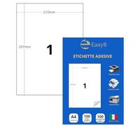 Easy8 210x297 mm - 100 Feuilles - Étiquettes Adhésives A4, Blanches, Sans Bordure, Imprimables, Compatibles Laser/Jet d’Encre/Photocopieur