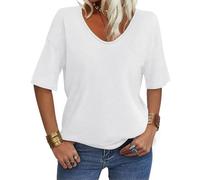 EasyGala Haut à col en V pour femme, longueur coude, coupe ample, hauts d'été, t-shirts basiques, A Blanc (coudière), Taille M