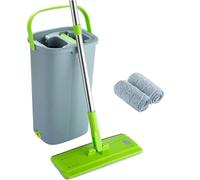 EasyGleam Kit Balai Serpillère & Seau Essoreur - Balai en Microfibre Plat avec Manche INOX, Seau Double Compartiment Humide et à Sec, 2 Serpillères Réutilisables, Tous Types de Sols