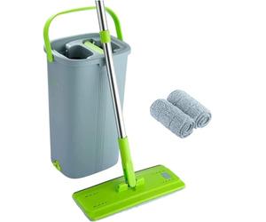 EasyGleam Kit Balai Serpillère & Seau Essoreur - Balai en Microfibre Plat avec Manche INOX, Seau Double Compartiment Humide et à Sec, 2 Serpillères Réutilisables, Tous Types de Sols