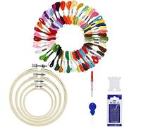 EASYKEENECOM Fils à Broderie Kit, 50 Couleurs de Fil à Broder, 4 Cercles de Broderie en Bambou, Aiguilles à Coudre, Kit de Point de Croix pour Bricolage Adulte Débutant