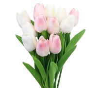 EASYKEENECOM Lot de 12 Tulipes Artificielles avec 2 Couleurs Fleurs Faux Fleurs Tulipes en Latex Real Touch pour Fête Maison Décoration De Mariage et DIY Décor (Blanc & Rose)