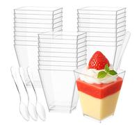 EASYKEENECOM Lot de 25 Verres à Dessert en Plastique 160 ml - Avec Cuillères - Réutilisables coupes à dessert, Rectangulaires verrine dessert - Idéals pour Desserts, Pudding, Mousse, Glace