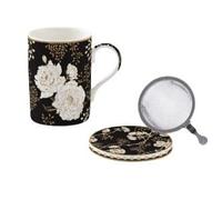 Easylife - Coffret TISANIERE en Porcelaine Filtre INOX Art Deco Flowers