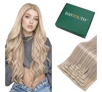 Easyouth Extension a Clip Cheveux Naturel Blonde Extension de Clip Remy Blond Cendré Highlight Blond Clair Extension Cheveux Vrai Clip Double Trame #18P613 35cm 70g 7Pcs