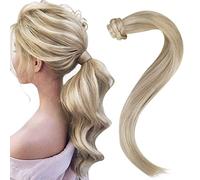 Easyouth Queue de Cheval Cheveux Humain Blond Cendré a Blond Clair Highlight Extension Cheveux Naturel Queue Blonde Wrap Around Extension Queue de Cheval Vrais Cheveux 35cm 70g