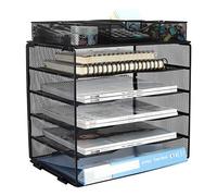 EasyPAG 5 Compartiments Métal Corbeilles à Courrier A4 Banette de Rangement Bureau Porte Revue Organisateur de Magazine Range Document Bannette Papier avec Tiroir,Noir